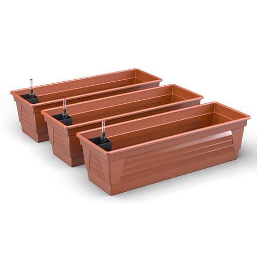 Blumenkasten Milano 3er Set 60 cm lang Farbe Terrakotta mit Wasserspeicher und Wasserstandsanzeige Pflanzkasten für Garten und Balkon witterungsbeständig für Innen und Außen von Plastard