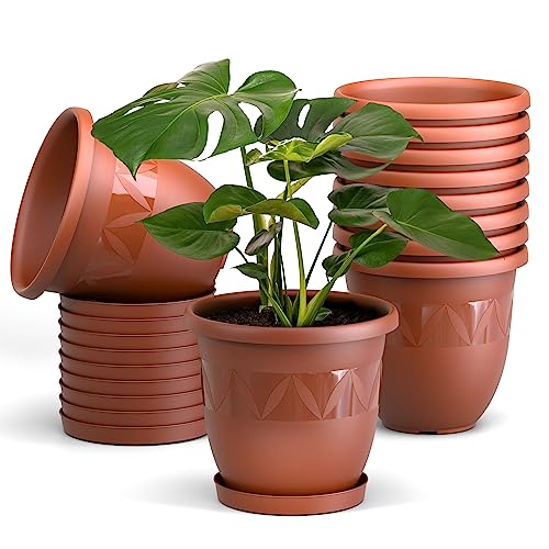 Blumentopf 10er Set 21 cm Durchmesser Terrakotta - runder Pflanzkübel mit Untersetzer aus Kunststoff - witterungsbeständiger Übertopf, großer Pflanztopf von Plastard