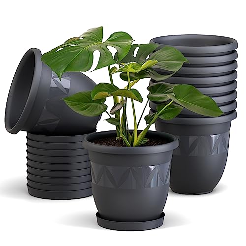 10er Set Blumentöpfe mit Untersetzer 24 cm Durchmesser Anthrazit runder Pflanzkübel aus Kunststoff großer Blumentopf Pflanztopf Kräutertopf für Wohnung Balkon und Garten von Plastard