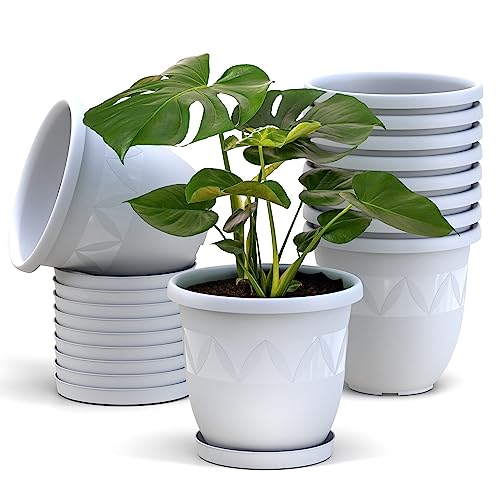 10er Set Blumentöpfe mit Untersetzer 27 cm Durchmesser Weiß runder Pflanzkübel aus Kunststoff großer Blumentopf Pflanztopf Kräutertopf für Wohnung Balkon und Garten von Plastard