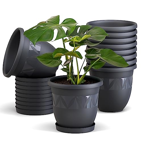 Plastard 10er Set Blumentöpfe mit Untersetzer 30 cm Durchmesser Anthrazit runder Pflanzkübel aus Kunststoff großer Blumentopf Pflanztopf Kräutertopf für Wohnung Balkon und Garten von Plastard