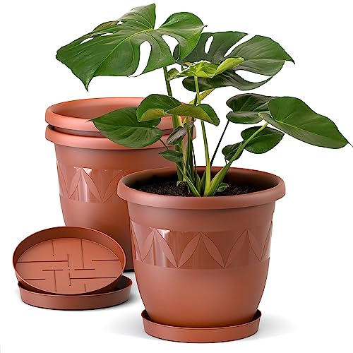 Blumentopf 3er Set 15 cm Durchmesser Terrakotta runder Pflanzkübel mit Untersetzer aus Kunststoff witterungsbeständiger Übertopf großer Pflanztopf Kräutertopf für Innen und Außen von Plastard