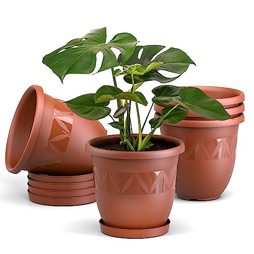 Plastard Blumentöpfe 5er Set 35 cm Durchmesser Terrakotta runder Pflanzkübel mit Untersetzer aus Kunststoff witterungsbeständiger Übertopf großer Blumentopf von Plastard