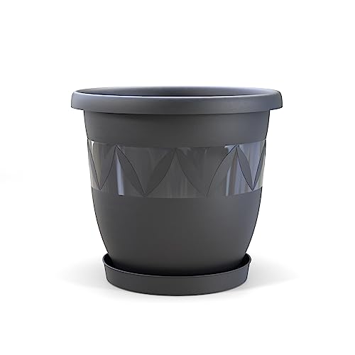 Plastard Blumentopf Durchmesser 30 cm mit Untersetzer Farbe Anthrazit runder Pflanzkübel Blumenkübel Gartentopf aus Kunststoff witterungsbeständiger für Innen und Außen von Plastard