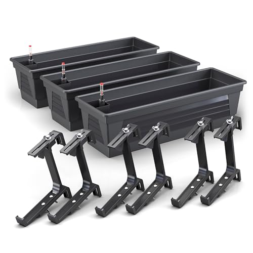 Plastard Blumenkasten Milano 3er Set 80 cm lang mit Hydroeinsatz Wasserstandsanzeiger und Balkonhalterung witterungsbeständiger Pflanzkasten Farbe Anthrazit von Plastard