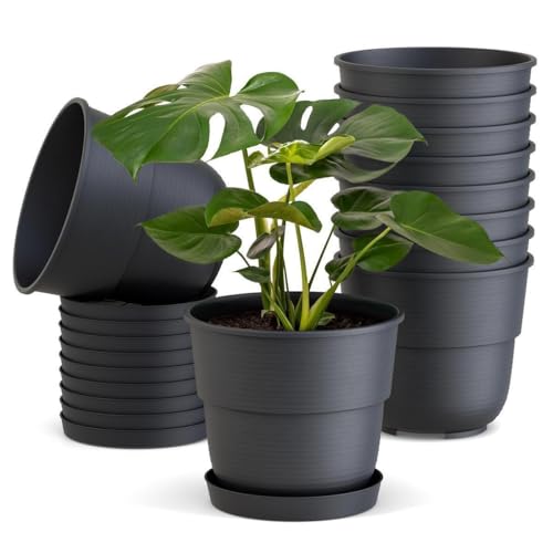 Plastard Blumentöpfe 10er Set 32 cm Durchmesser mit Untersetzer aus Kunststoff Anthrazit runder Pflanzkübel witterungsbeständiger Übertopf große Blumentöpfe von Plastard