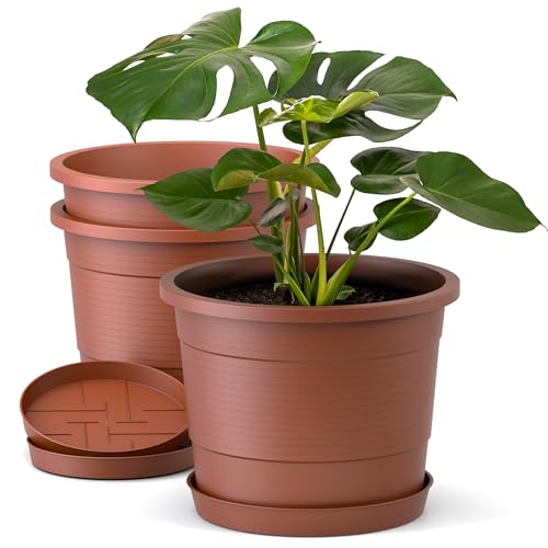 Plastard Blumentopf Terra 3er Set 35 cm Durchmesser Terrakotta - runder Pflanzkübel mit Untersetzer aus Kunststoff - witterungsbeständiger Übertopf, großer Pflanztopf von Plastard