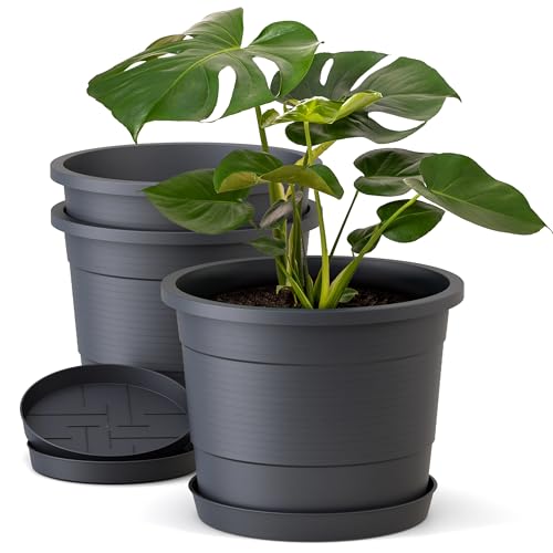 Plastard Blumentopf Terra 3er Set 46 cm Durchmesser Anthrazit - runder Pflanzkübel mit Untersetzer aus Kunststoff - witterungsbeständiger Übertopf, großer Pflanztopf von Plastard