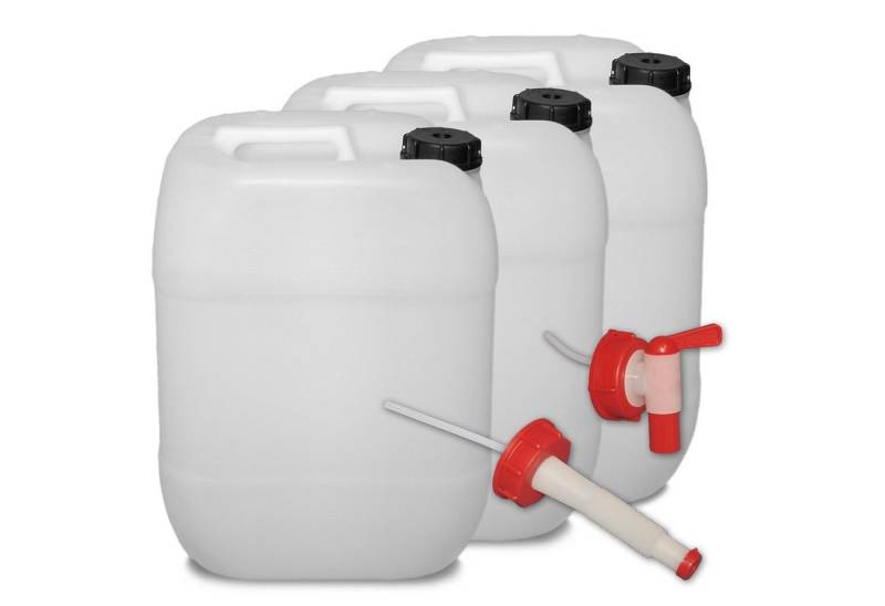 Plasteo Kanister plasteo 3er Set: 20 L Getränke-Wasserkanister+Hahn+Ausgießer, 3 Kanister + Hahn + Ausgießer von Plasteo