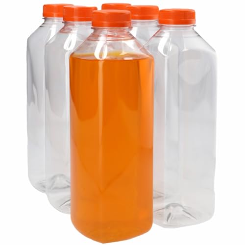 Plastic flessenshop 6x Saftflasche Kunststoff 1000 ml - Quadratisch - PET-Flaschen mit Verschluss orange - BPA-freier PET-Kunststoff - Nachfüllbaar - Mit Verschluss - Leere Flaschen, 6 Stück von Plastic flessenshop