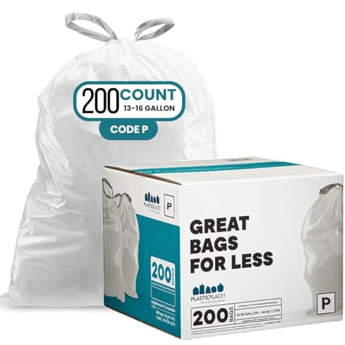 Plasticplace Müllbeutel mit Kordelzug, kompatibel mit simplehuman Code P, weiße Müllbeutel, 50–60 Liter, 59,7 x 80 cm, 200 Stück von Plasticplace