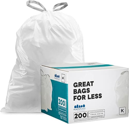 Plasticplace Simplehuman Müllbeutel, Code K kompatibel (200 Stück), Weiß, Kordelzug, 38 Liter, 62 x 71 cm von Plasticplace