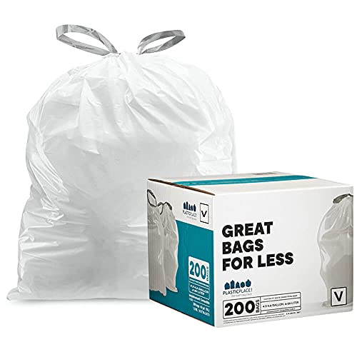 Plasticplace TRA310BL maßgefertigte Müllbeutel │ simplehuman (x) Code V kompatibel (200 Stück) │ weißer Müll mit Kordelzug, Einlagen 16–18 Liter │ 37,5 x 71,1 cm von Plasticplace