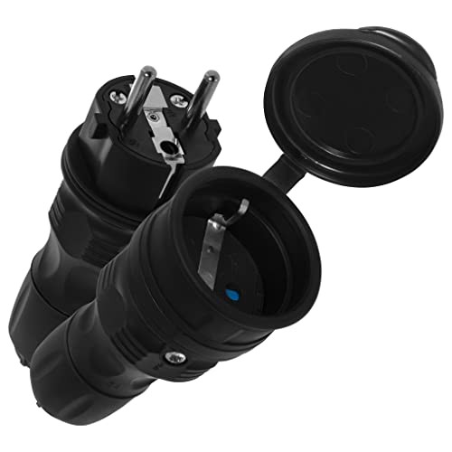 Schutzkontakt-Stecker mit Kupplung Set, IP44 zerlegbar, Schuko mit hermetischer Klappe, 16A / 250 3 polig, für den Außenbereich, Farbe Schwarz von Plastrol