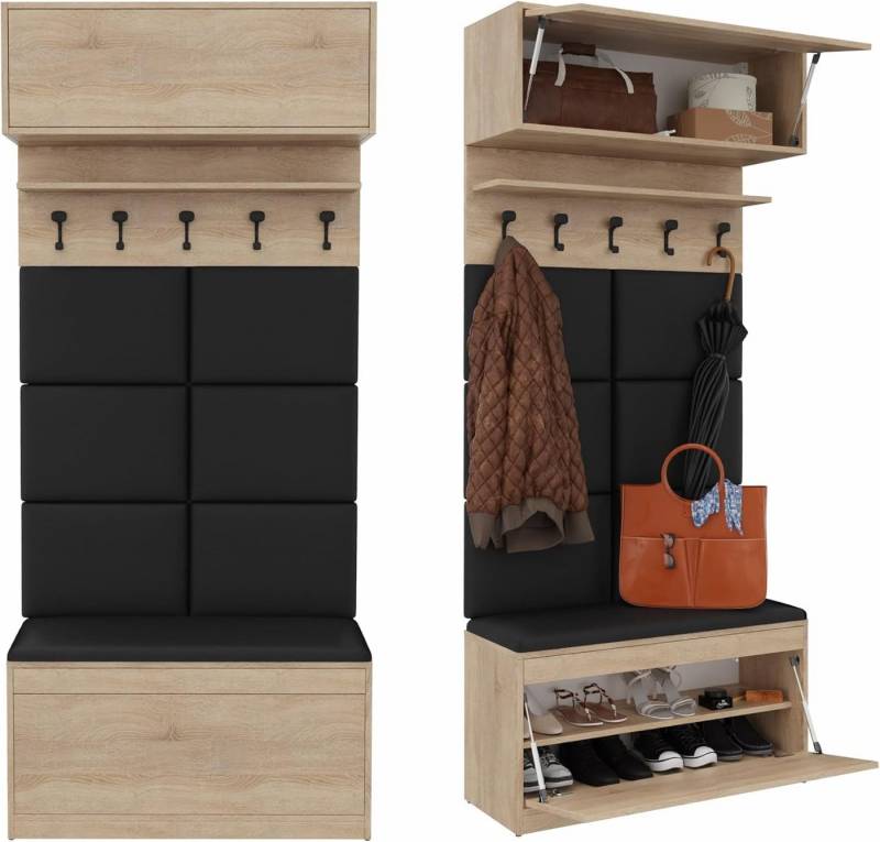 Platan Room Garderoben-Set, (Garderobenpaneel & Schuhschrank & Hängeschrank 100 cm), Flurgarderobe Flur Eiche Holz Weiß von Platan Room