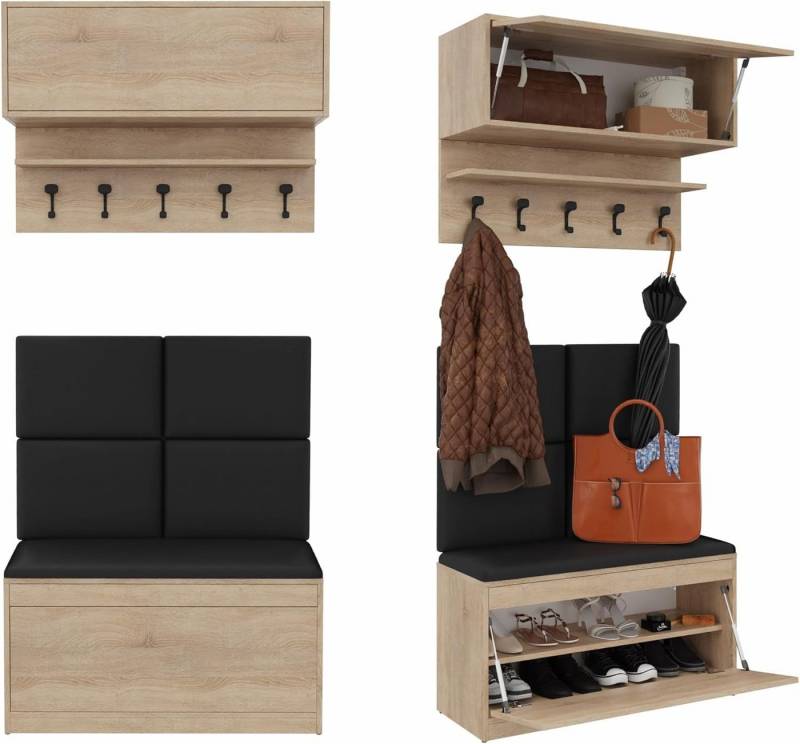 Platan Room Garderoben-Set, (Garderobenpaneel & Schuhschrank & Hängeschrank 100 cm), Flurgarderobe Flur Eiche Holz Weiß von Platan Room