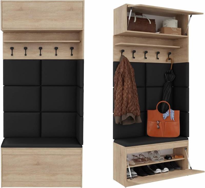 Platan Room Garderoben-Set, (Garderobenpaneel & Schuhschrank & Hängeschrank 100 cm), Flurgarderobe Flur Eiche Holz Weiß von Platan Room