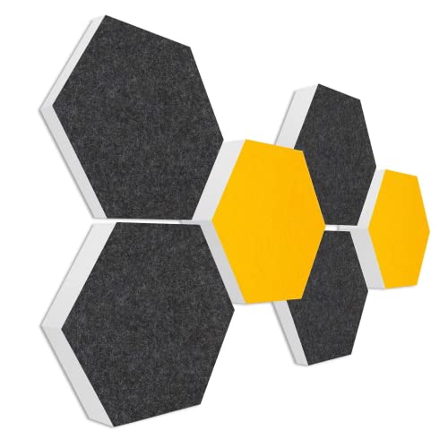 platino24 Schallabsorber COLORE aus Basotec G+ I Akustikpaneele mit Akustikfilz I 3D Wand-Paneele mit 6 Waben in Anthrazit & Sonnengelb I Akustikplatten zur Schalldämmung in Büro, Studio & Wohnung von platino24