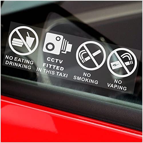 2 x Aufkleber "No Eating Drinking Smoking Vaping" Schilder CCTV Fitted Taxi Security Gesundheit und Sicherheit Fenster Minicab Minibus Cab Hinweis 150 x 50 mm Weiß auf Transparent von Platinum Place