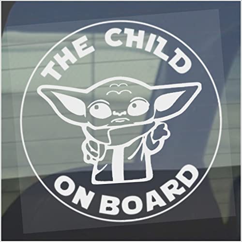 Platinum Place 1 x Aufkleber "The Child On Board", Auto-Star Wars-Schild, Mandalorian-Grogu-Fenster, Van, Fahrzeug, selbstklebend, innen weiß auf transparent, 100 mm von Platinum Place