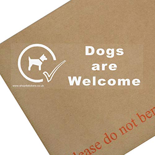 Platinum Place 1 x "Dogs Are Welcome" Fenster-Aufkleber, weiß auf durchsichtigem Schild, Hunde-Warnhinweisschild, Can, Come, In, Beware, Be Aware, Haustier, Tier, Geschäft, Stall von Platinum Place