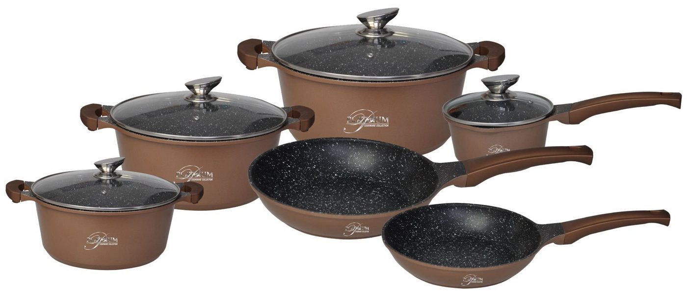 Platinum Topf-Set Kochtopf Topf Pfannen Set Kochgeschirr 10-tlg Alu-Guss Platinum braun, Aluminium-Guss, Glas (Koch-Set bestehend aus 10 Teilen) von Platinum