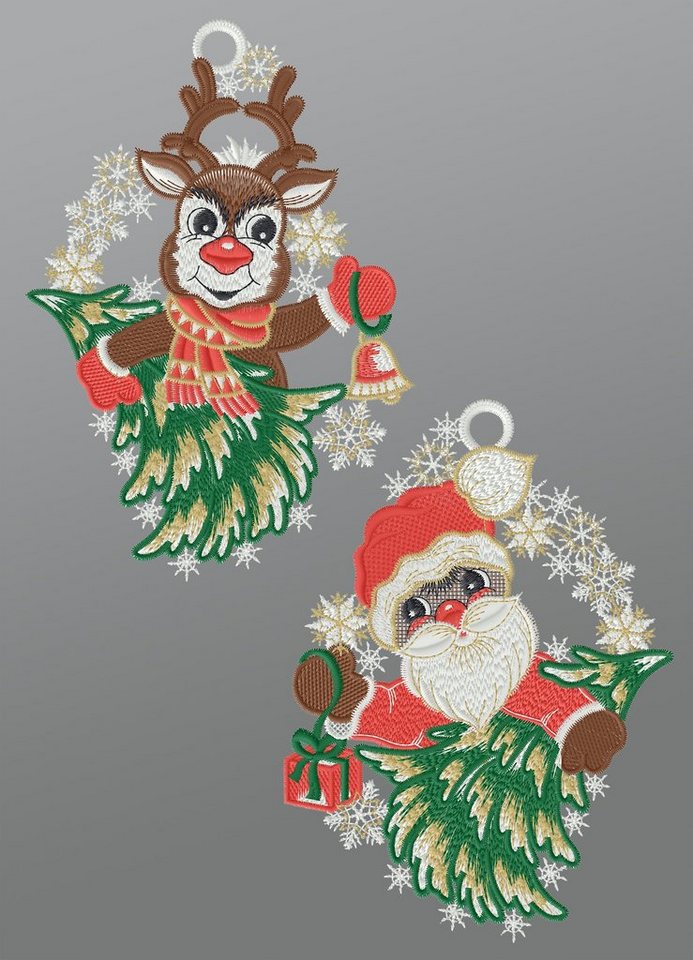 Plauener Spitze® Fensterbild 2er Set Rudolph und Santa, HxB 21x16cm von Plauener Spitze®
