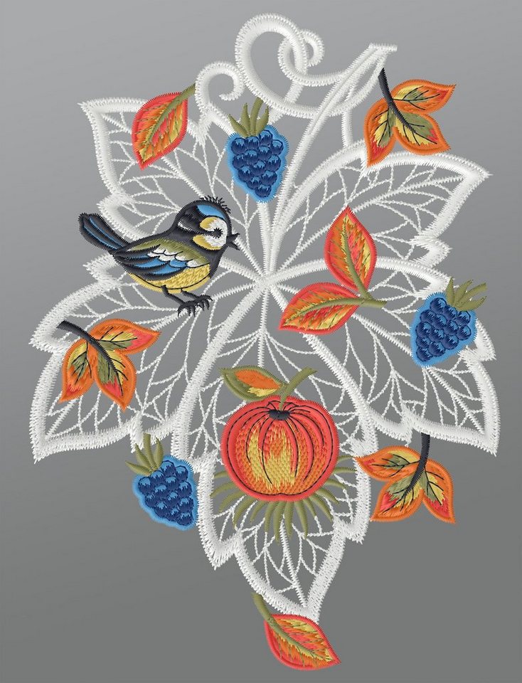 Plauener Spitze® Fensterbild Herbstblatt mit Blaumeise, HxB 28x21cm von Plauener Spitze®