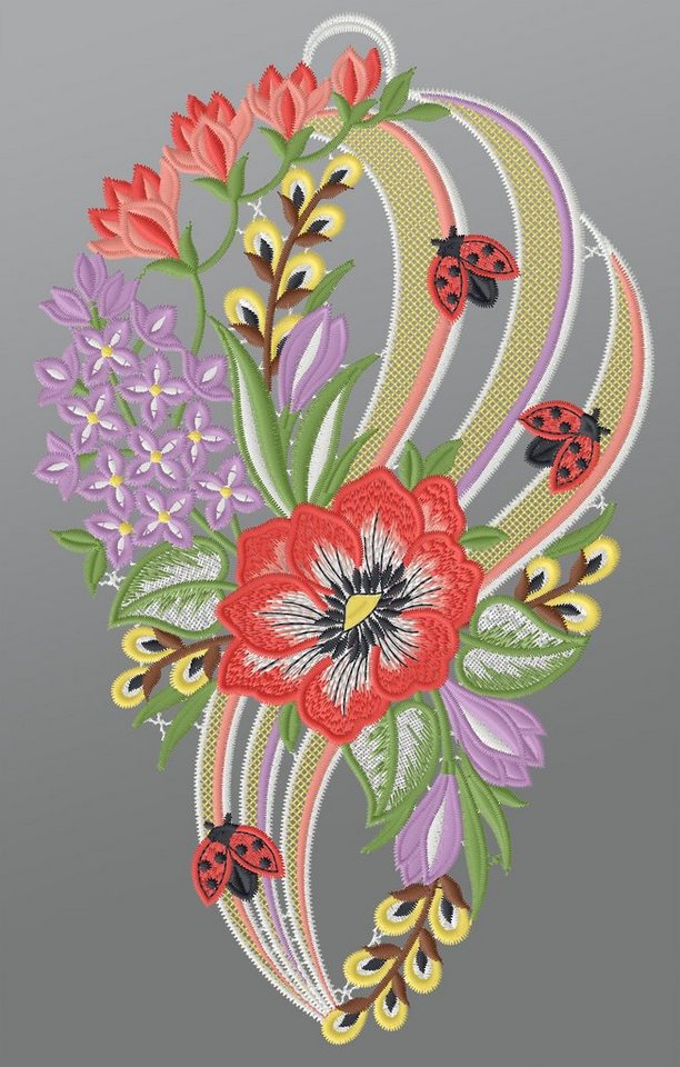 Plauener Spitze® Fensterbild Sommerblumen mit Marienkäfer, HxB 31x19cm von Plauener Spitze®
