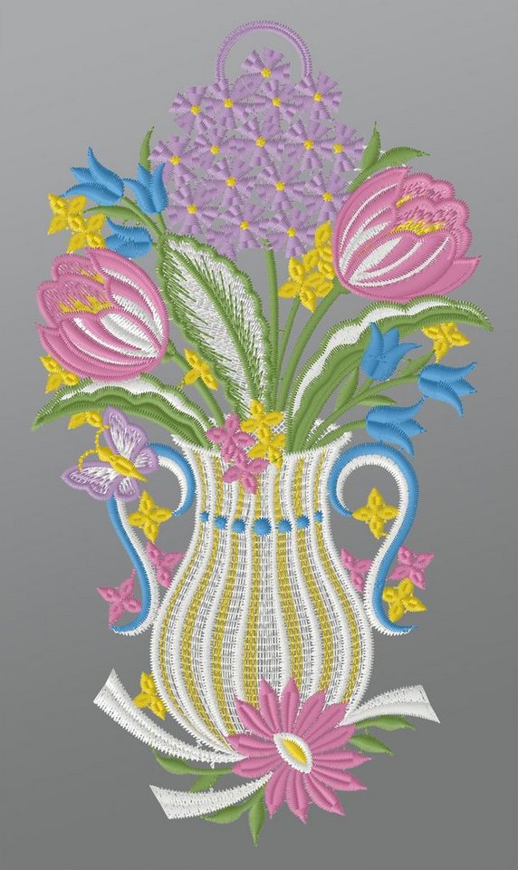 Plauener Spitze® Fensterbild Vase mit Frühlingsblumen, HxB 26x15cm von Plauener Spitze®