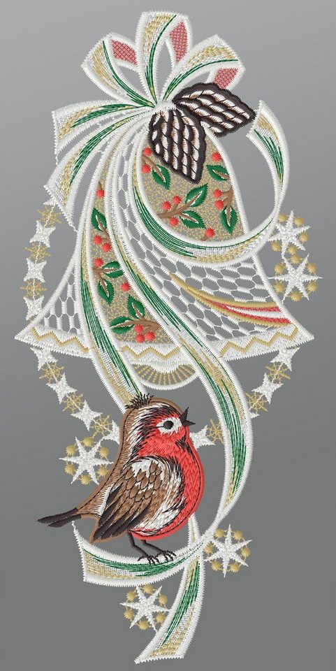 Plauener Spitze® Fensterbild Weihnachtsglocke mit Rotkelchen, HxB 34x16cm von Plauener Spitze®