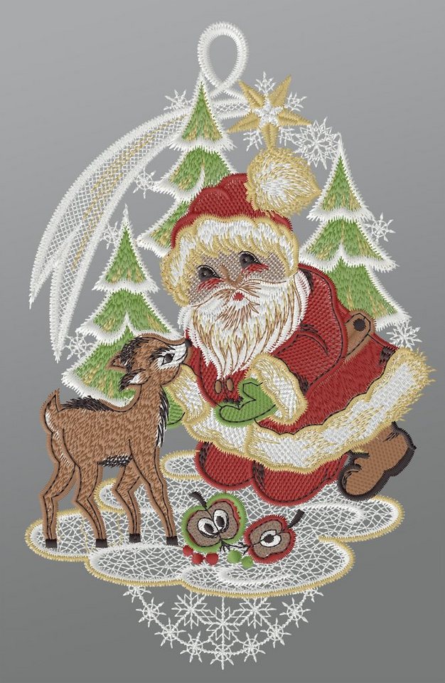 Plauener Spitze® Fensterbild Weihnachtsmann füttert Rehkitz, HxB 28x16cm von Plauener Spitze®