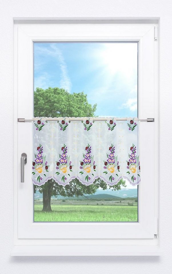 Scheibengardine Frühlingsblumen, Plauener Spitze®, (1 St), transparent, HxB 35x48cm von Plauener Spitze®