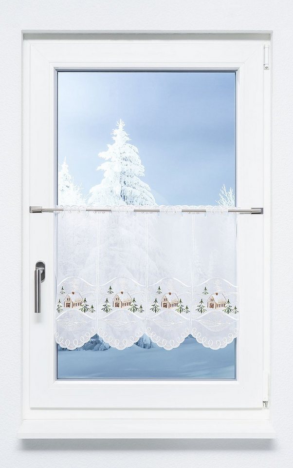 Plauener Spitze® Scheibengardine Weihnachtshaus, (1 St), halbtransparent, HxB 45x48.6cm von Plauener Spitze®