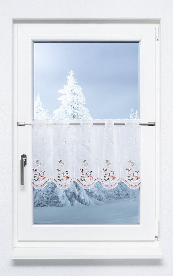 Scheibengardine Schneemann mit Vöglein, Plauener Spitze®, (1 St), halbtransparent, HxB 35x48cm von Plauener Spitze®