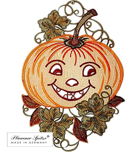 Fensterbild Plauener Spitze ® 21x28 cm + Saugnapf Stickerei Kürbis Orange Halloween Herbst Fensterdeko Spitzenbild von Plauener Spitze Fensterbild Herbst