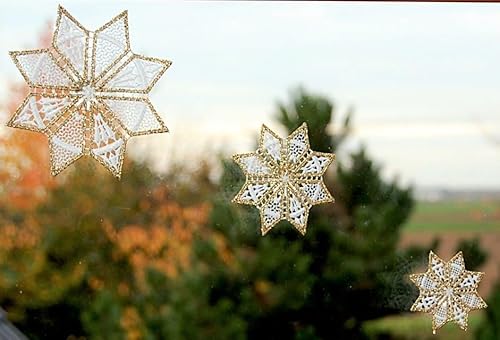 Fensterbilder Plauener Spitze Weihnachten Winter Sterne 3 teilig Set Weiß Gold von Plauener Spitze