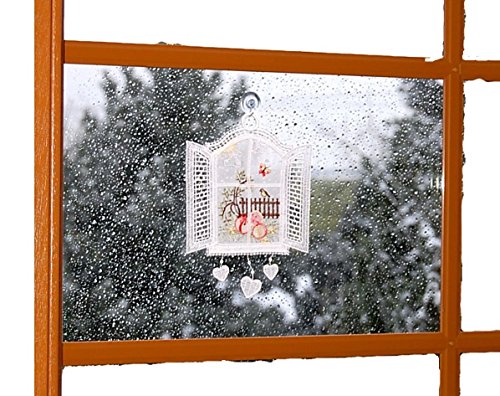 Bezauberndes Fensterbild Spitze Voile Ostern Ostereier am Fenster farbig gestickt 23x16 cm + Saugnapf/Made in Germany (Rot) von Plauener Spitze