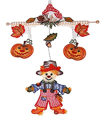 Fensterbild 24x38 cm + Saugnapf Pluener Spitze Windspiel Mobile Stickerei Vogelscheuche Kürbis bunt Spitzenbild Herbst Halloween von Plauener Spitze