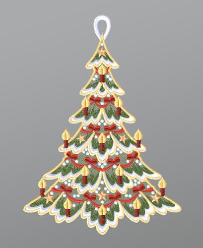 Plauener Spitze Fensterbild Festlich geschmückter Tannenbaum (Bx H) 15cm * 20cm Mehrfarbig Fensterdekoration Fensterschmuck von Plauener Spitze