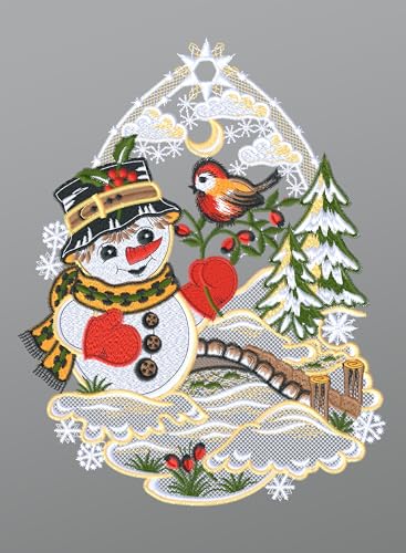 Plauener Spitze Fensterbild Schneemann mit Vögelchen (Bx H) 19cm * 25cm Mehrfarbig Fensterdekoration Fensterschmuck von Plauener Spitze
