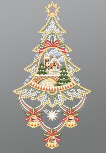 Plauener Spitze Fensterbild Weihnachtsbaum mit Kirche (Bx H) 20cm * 39cm Mehrfarbig Fensterdekoration Fensterschmuck von Plauener Spitze
