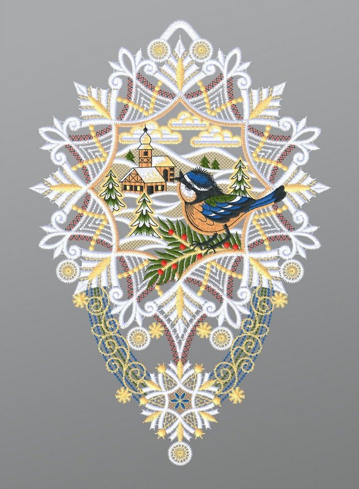 Plauener Spitze® Fensterbild Blaumeise mit Kapelle und Stern, HxB 28x19cm von Plauener Spitze
