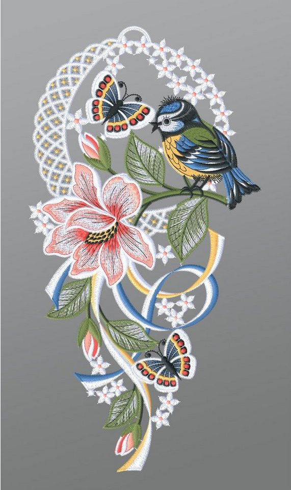 Plauener Spitze® Fensterbild Blaumeise mit Schmetterling und Blume, HxB 37x19cm von Plauener Spitze