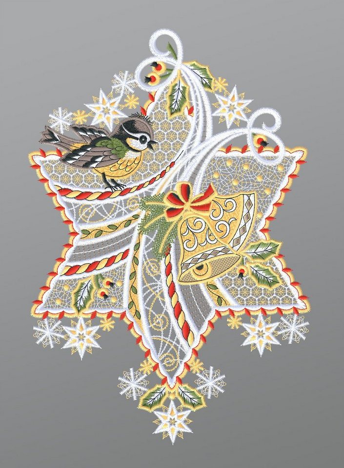 Plauener Spitze® Fensterbild Blaumeise mit Stern und Glocken, HxB 29x18cm von Plauener Spitze