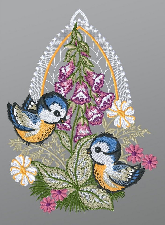 Plauener Spitze® Fensterbild Blaumeisen Paar mit Fingerhut, HxB 28x22cm von Plauener Spitze