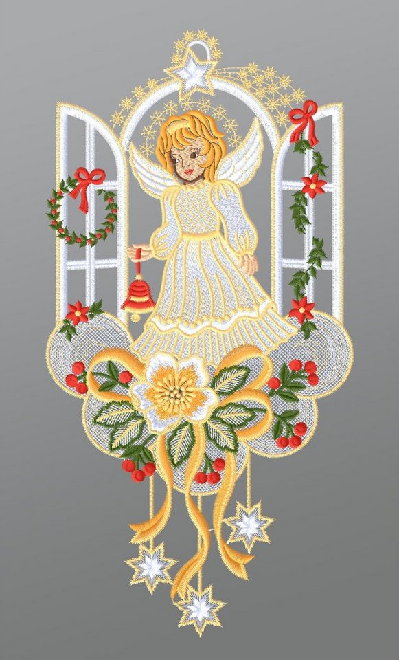 Plauener Spitze® Fensterbild Christkind mit Weihnachtsglöckchen, HxB 37x19cm von Plauener Spitze