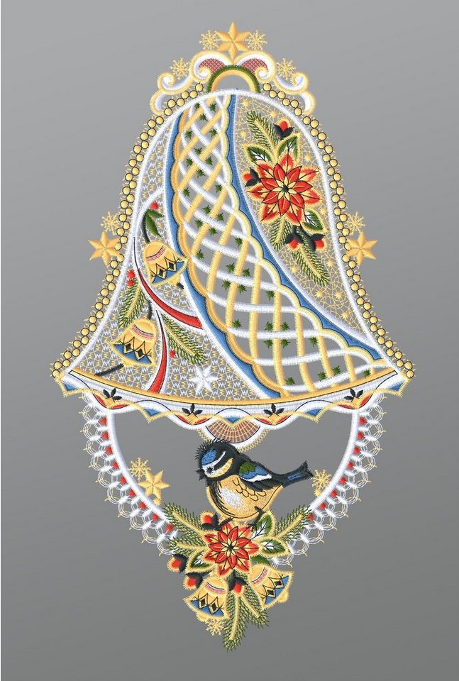Plauener Spitze® Fensterbild Glocke mit Blaumeise, HxB 34x20cm von Plauener Spitze