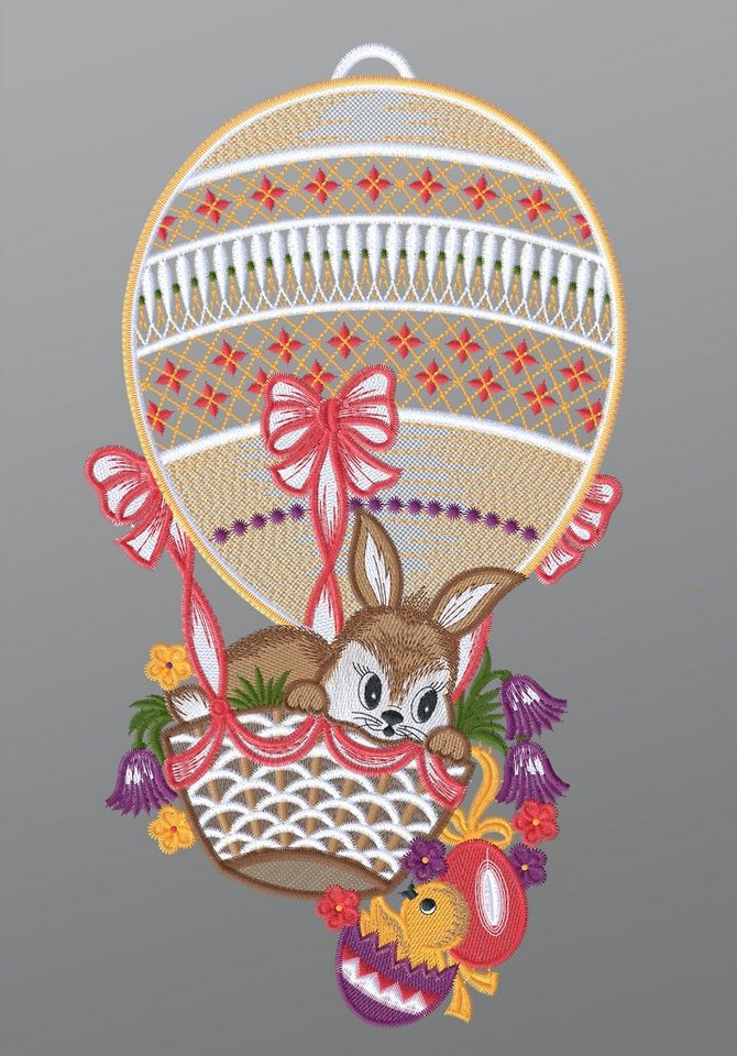 Plauener Spitze® Fensterbild Hase im Heißluftballon und Küken, HxB 33x19cm von Plauener Spitze