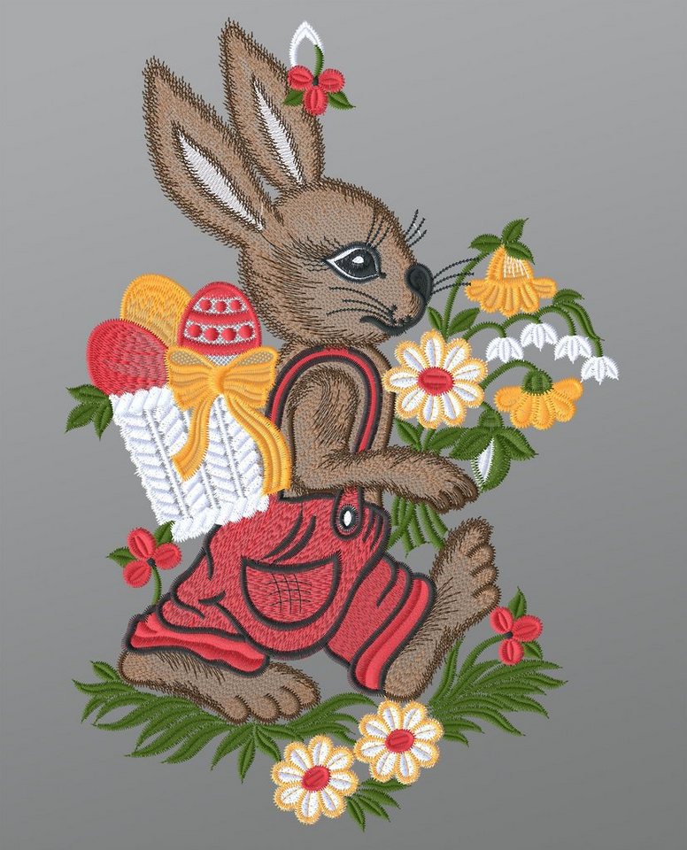 Plauener Spitze® Fensterbild Hase mit Osterkörbchen, HxB 32x21cm von Plauener Spitze